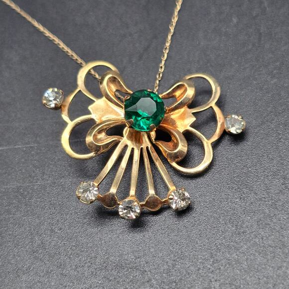 Van Dell 12K Gold Filled Necklace Earrings Set Green Rhinestone Vintage Jewelry - Picture 4 of 10